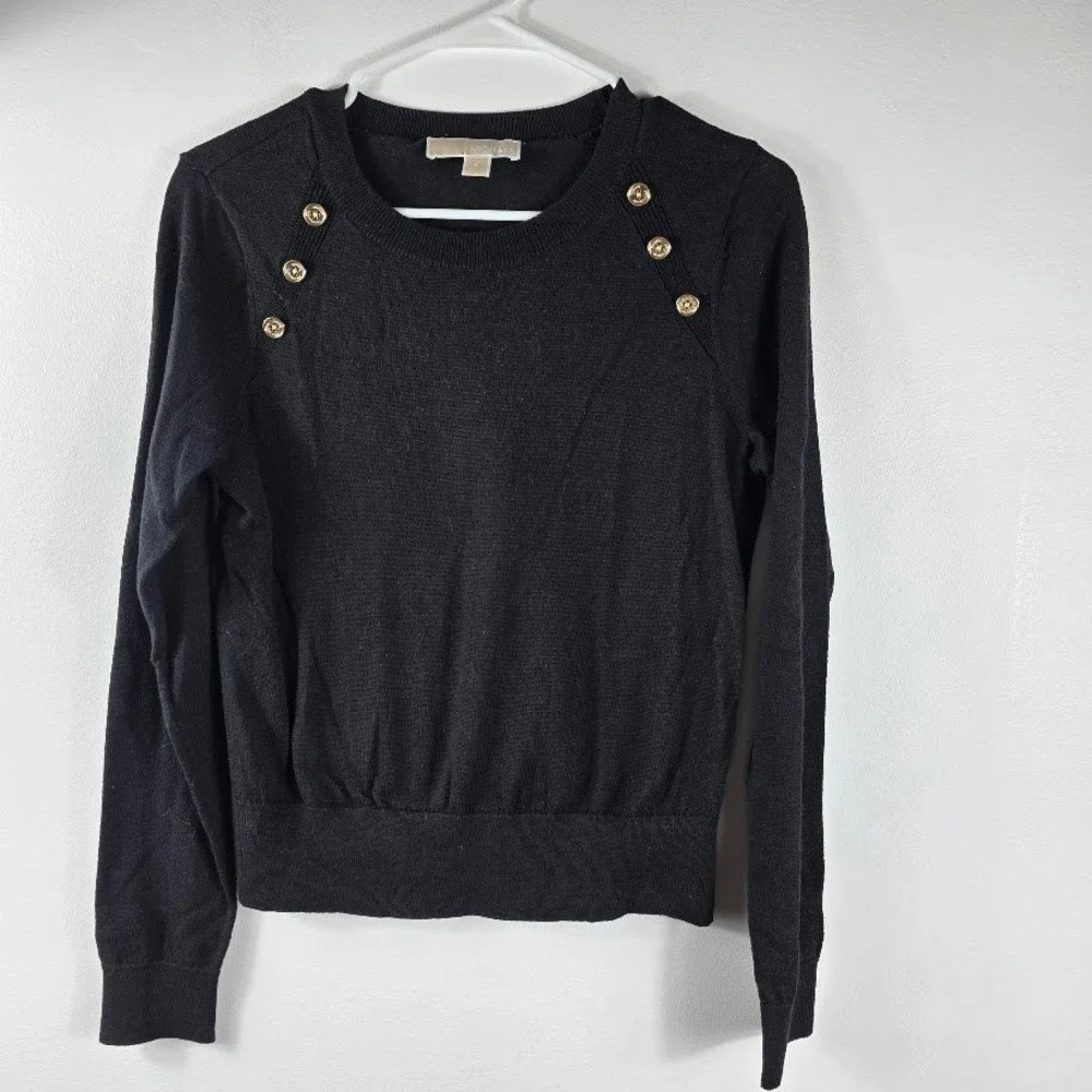 Michael Kors Sz S Black Crew Neck Long Sleeve Sweater Gold Button‎ Detail